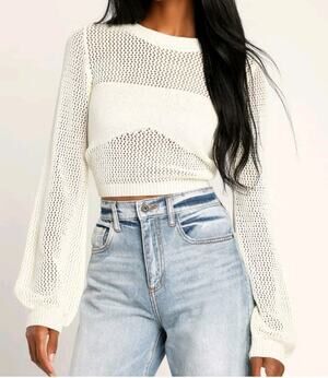 Lulus Weave Your Mark Ivory Sheer Long Sleeve Sweater Sz XL Cut Out Back Boho